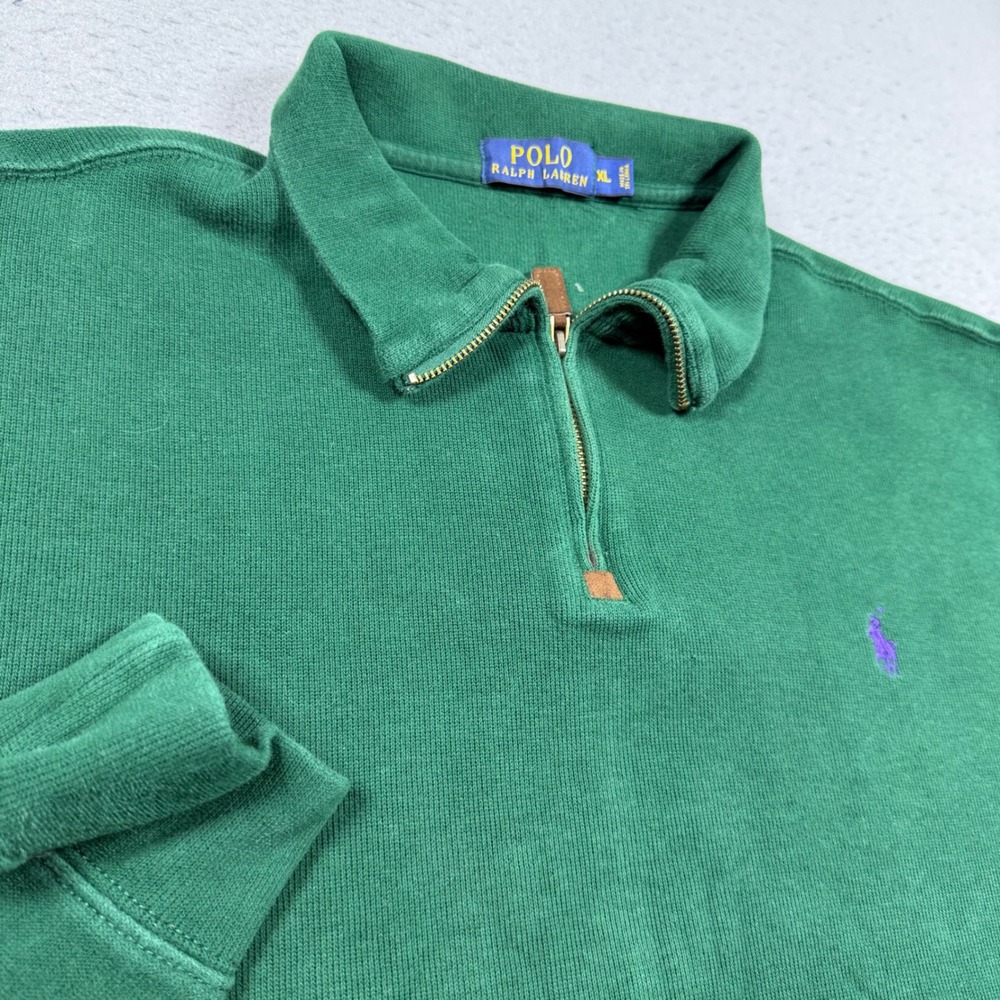 Polo Ralph Lauren Mens XL Green Quarter Zip Cotton Knit Pullover Sweater Pony